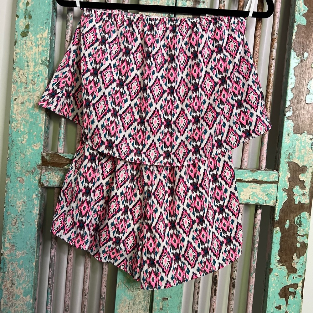 Honey Belle Pink Black White Aztec Print Strapless Romper